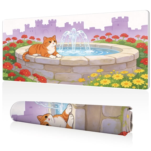 LIVEKEY Extra Large Mouse Pad 80x40x0.3cm Cat at Fountain with Castle and Flowers Design Full Desk Coverage Non Slip Durable Easy Clean Stitched Edges for Gaming and Office