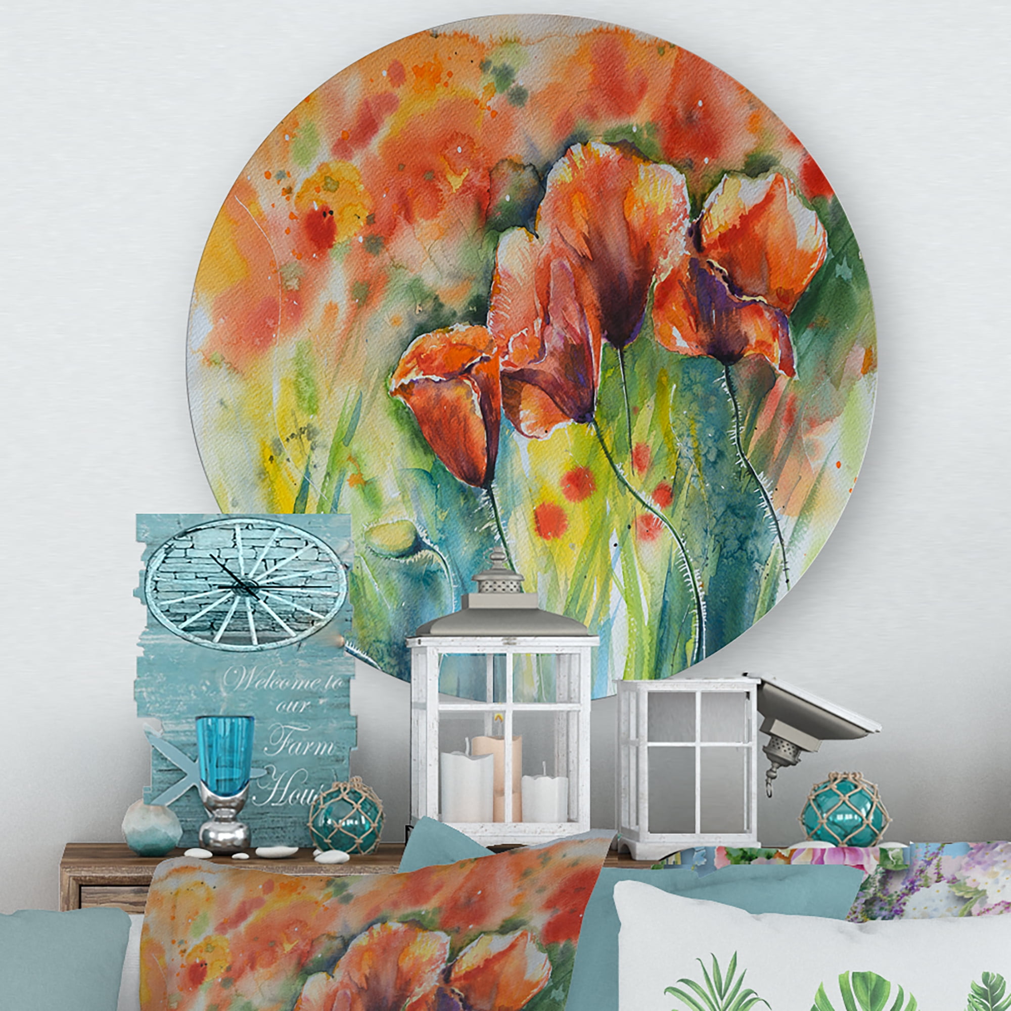 Designart 'Red Blossoming Poppies Over Wild Green IV' Traditional Circle Metal Wall Art 23x23 - Disc of 23