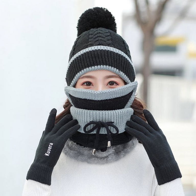 ZOELNIC 4PCS Women Beanie Hat Pom Scarf Mask Knitted Touch Screen