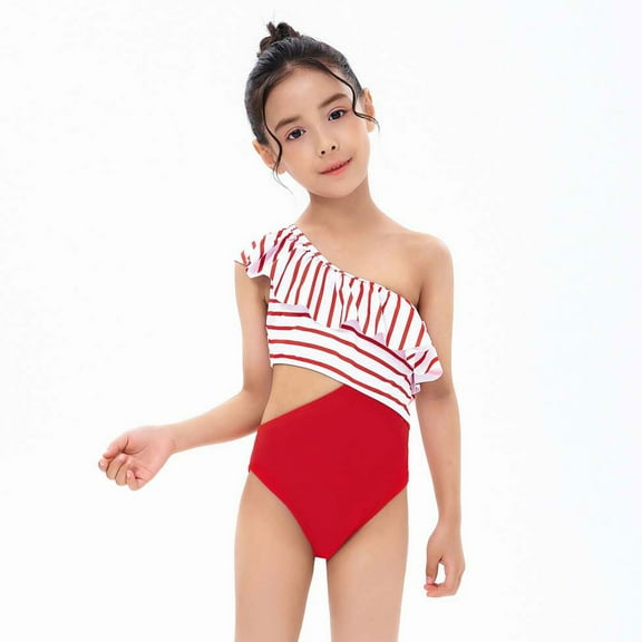 Odeerbi Toddler Girls One Shoulder Cutout Swimsuit High Waist One-piece Swimwear 2025 Fashion High Waist Backless Swimsuit Set One-piece Bikini Set Red 4-5 Years