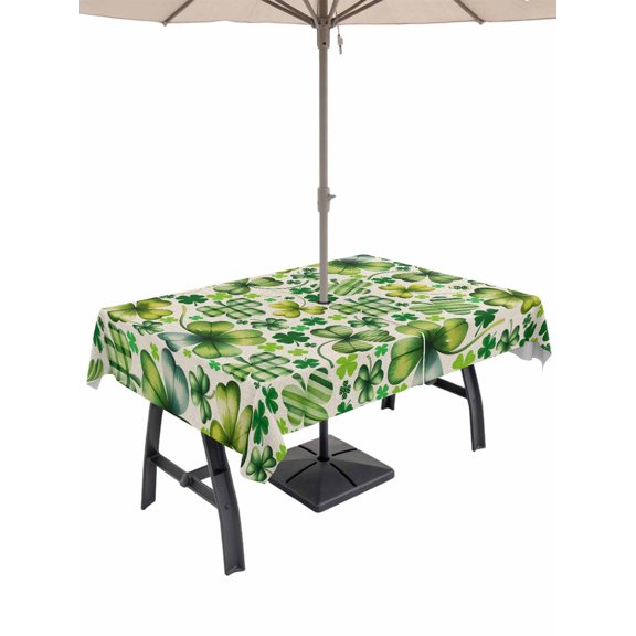 Outdoor Tablecloth with Umbrella Hole and Zipper, St. Patrick's Day Rectangle Table Cloth 52x70 Inch Waterproof Tablecloth, Watercolor Lucky Shamrocks Vintage Leaves Picnic Table Cover for Patio