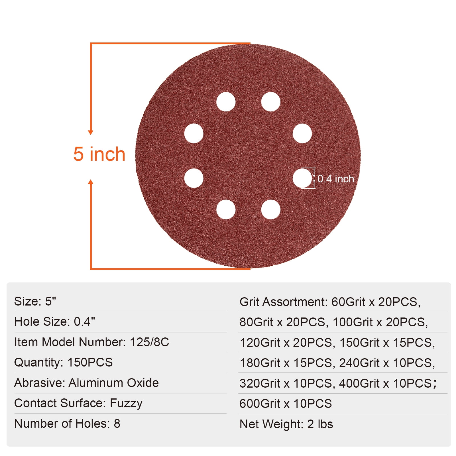 KFFKFF 150 Count 5-Inch Sanding Disc Collection, 8-Hole Circular Hook and Loop Sandpaper for Orbital Sander, 10 Grit Levels: 60, 80, 100, 120, 150,180, 240, 320, 400, 600 Grit, Suitable for Metal
