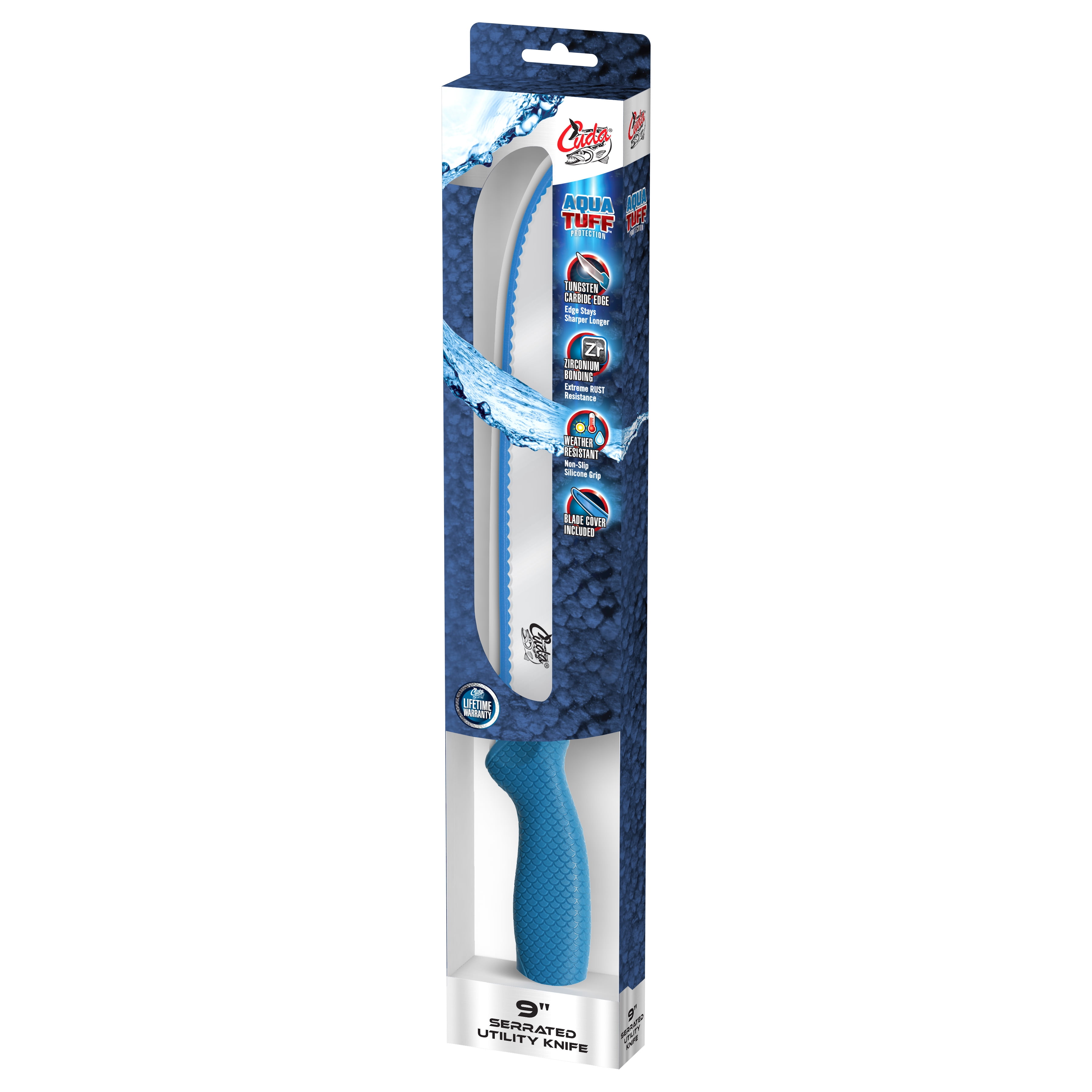 Cuda AquaTuff Carbide Edge 9" Serrated Utility Knife with Blade Cover for Fish