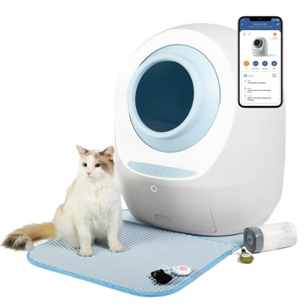 UPC: 0860007935824 | Leo s Loo Too by Casa Leo – No Mess Automatic Self-Cleaning Cat Litter Box Bundle Includes Charcoal Filter Built-in Scale Smart Home App with Voice Control