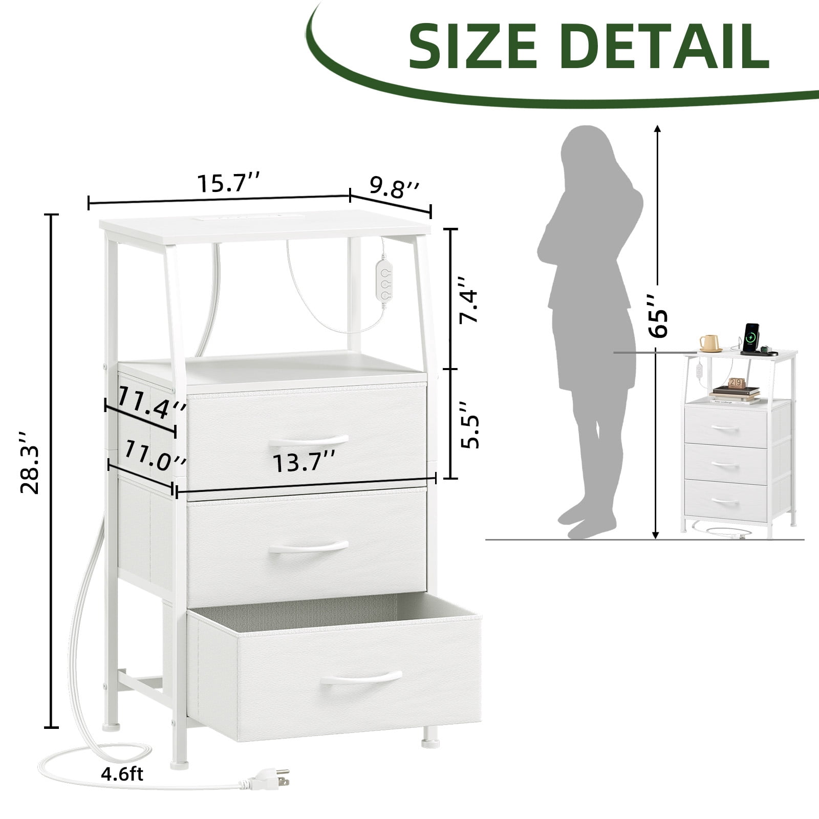 Eunos White Small Nightstand with Charging Station, 3 Drawer Bedside Table Set of 2 for Bedroom, Living Room