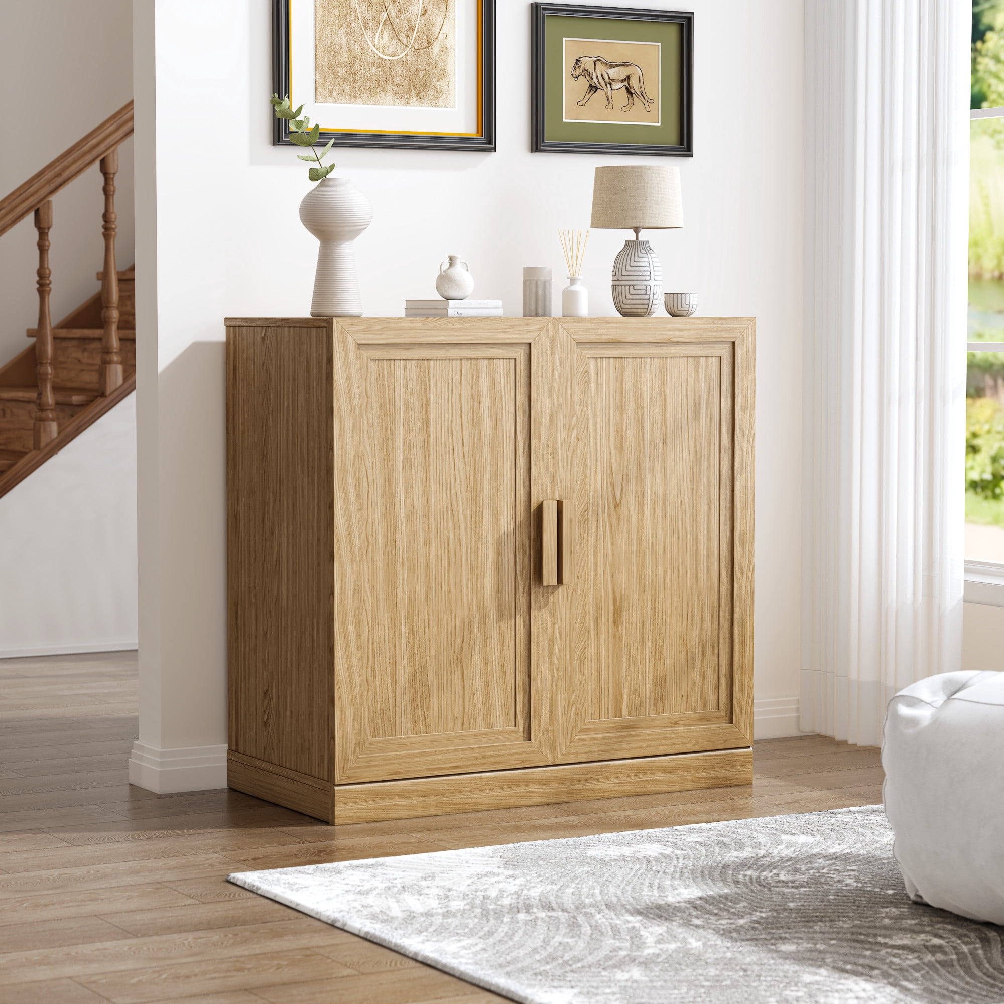 MAYEERTY 31*31*16" Modern Natural Wood Grain Storage Cabinet with Doors for Living Room, Bookshelf