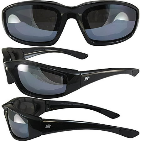 Birdz Eyewear Oriole Padded Motorcycle Riding Sunglasses Gloss Black Frames Silver G-Tech Reflective