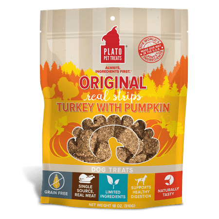 UPC: 0850002221459 | Plato Original Real Strips Turkey & Pumpkin Grain-Free Dog Treats 18 Oz.