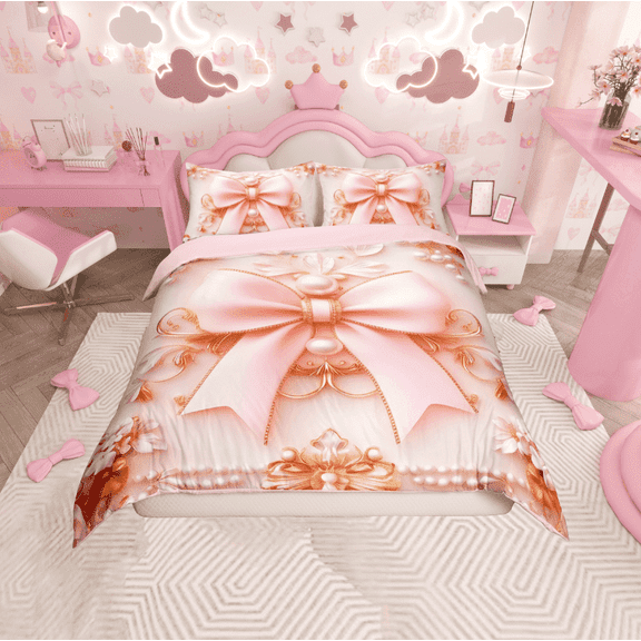Erosebridal Cute Bow Duvet Cover Twin, Royal Pearl Victorian Damask Bedding Sets Twin Size, Princess Style Home Decor, Reversible 2-Piece (No Comforter)