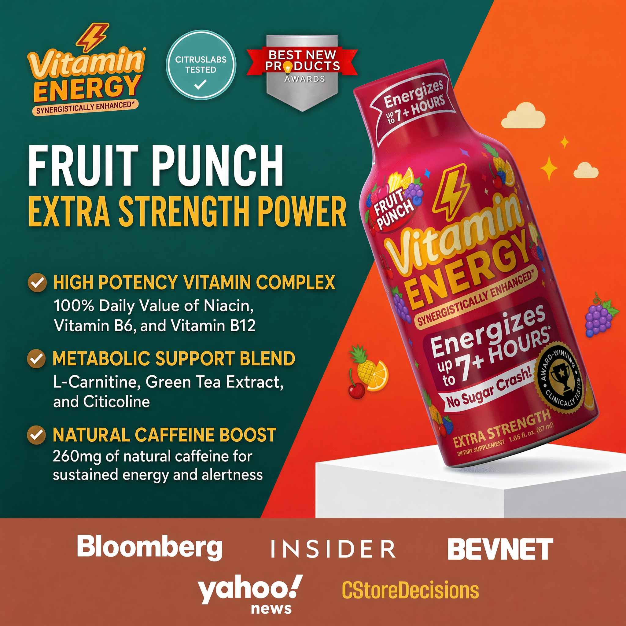 Vitamin Energy Focus+ Extra Strength Shot, Fruit Punch, 12 Pack – 260mg Natural Caffeine, CoQ10 & B-Vitamins, Zero Sugar, 1.93 fl oz
