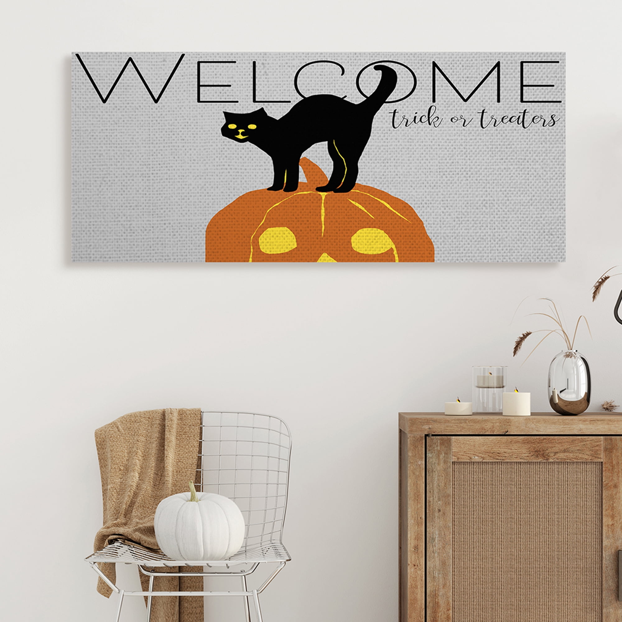 Stupell Industries Welcome Trick Or Treaters Halloween Cat Pumpkin Animals & Insects Painting Gallery Wrapped Canvas Art Print Wall Art, 17 x 40