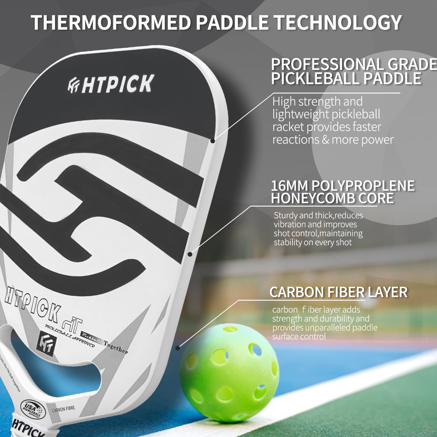 HTPICK Thermoformed Pickleball Paddle Set - T700 Carbon Fiber Surface, 16mm Honeycomb Core, Includes Paddle, 2 Overgrips & 2 Edge Guards,1 Pickleball Paddle Cover USAPA Approved