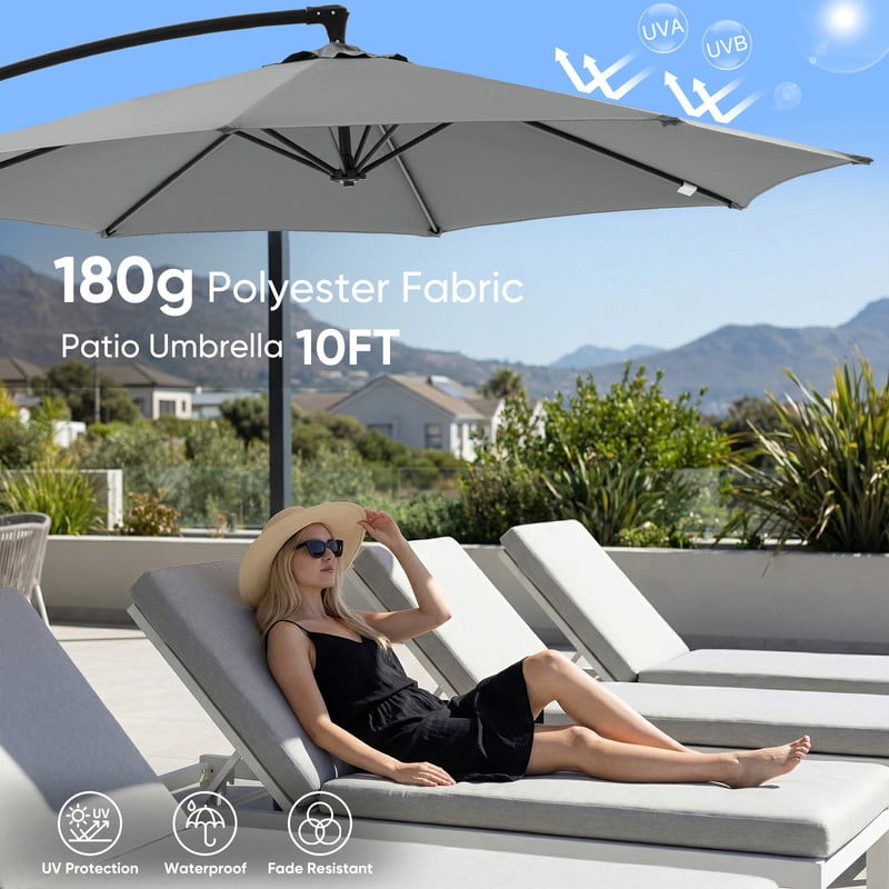 Gianna 10ft Offset Hanging Outdoor Patio Umbrella with Base Stand Rotate and Tilt, 8 Ribs, UV Protection for Pool Garden Backyard Market, Gray