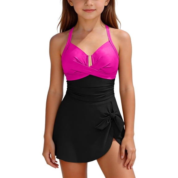 WQNVRNR Girls One-piece Swimsuits- Tummy Control Tie Knot Bathing Suit Adjustable Straps Tankini Swim Dress Pink Size 12