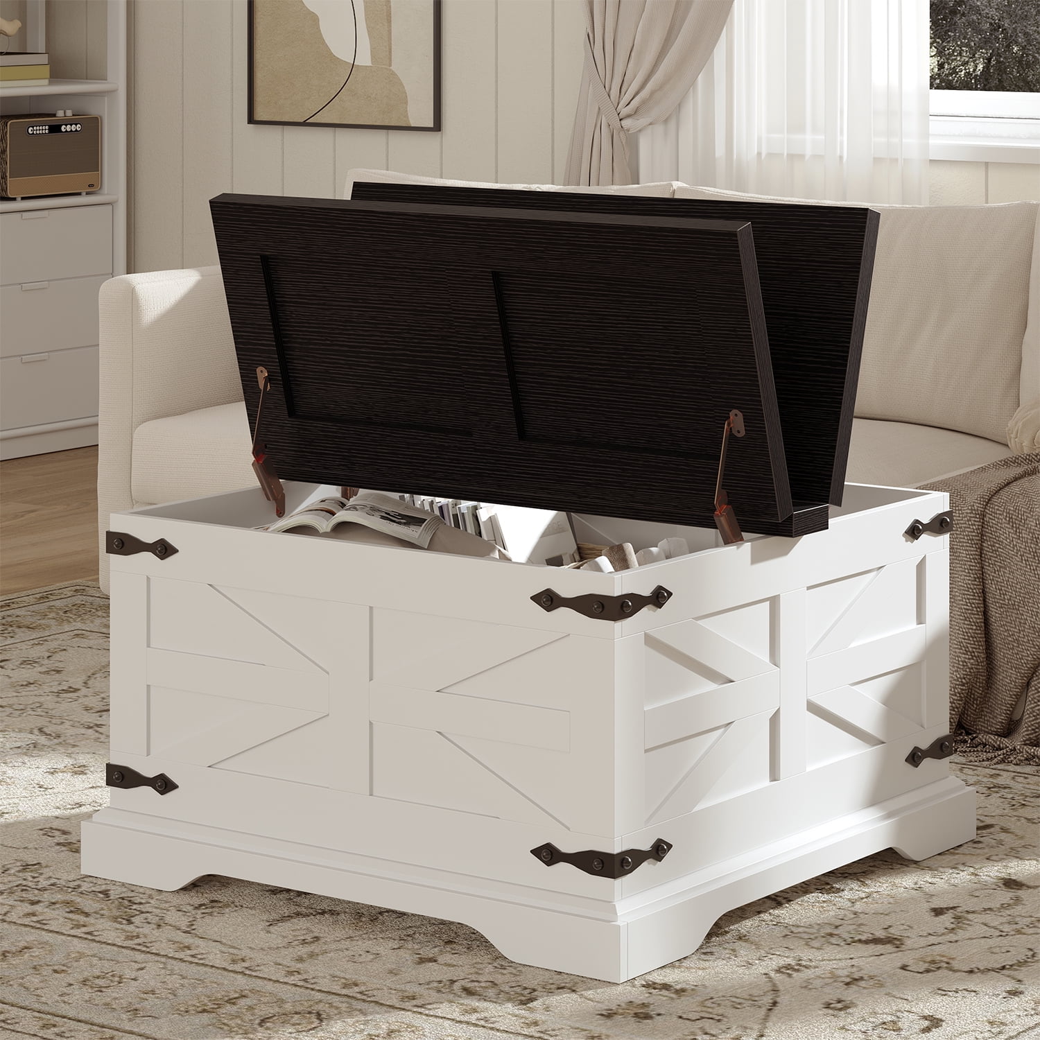 Frmobepts Farmhouse Coffee Table, Square Wood Center Table with Storage and Lift Top, Metal Corners for Living Room, White