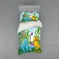 thumbnail image 2 of Jurassic Duvet Cover Set, Dinosaurs Living in the Jungle Illustration Palm Trees Lakeside Stones Fun Artwork, Bedding Set with Shams and Fitted Sheet, 3 Sizes, by Ambesonne, 2 of 3