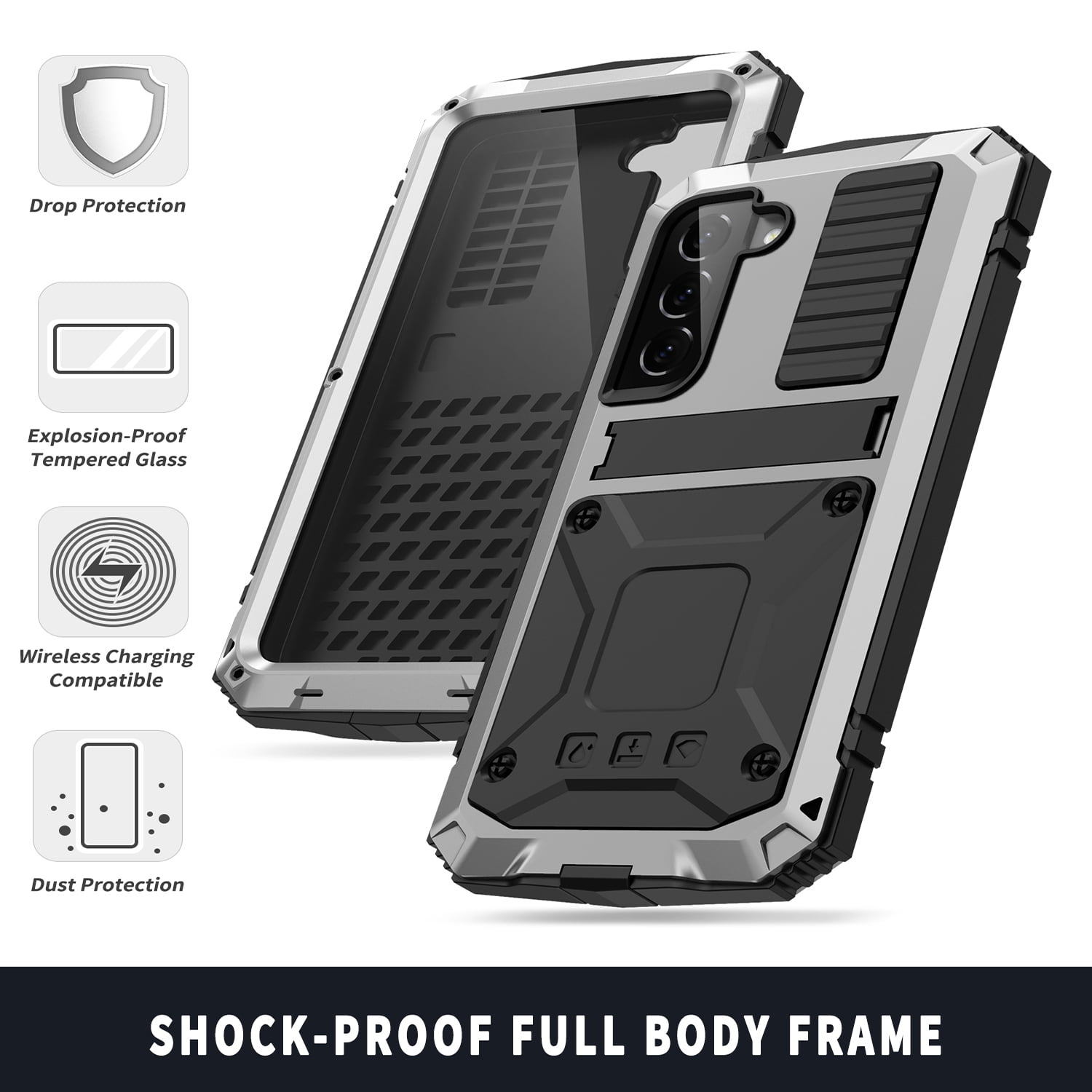 Samsung S21 FE Rugged Full-Body Case, Metal Bumper Built-in Screen Protector&Kickstand,Dustproof Drop-Proof,Full Body Protection Heavy Duty Rugged Military Cover For Samsung Galaxy S21 FE, Silver