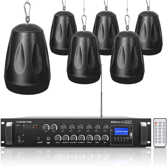 Sound Town Commercial Restaurant Bluetooth Amplifier   Pendant Speaker Set, with One 6-Zone 70V/100V Amplifier with Bluetooth, 6 x All-Weather 4-Inch Pendant Speakers, Black (STCA180X6PD4B)
