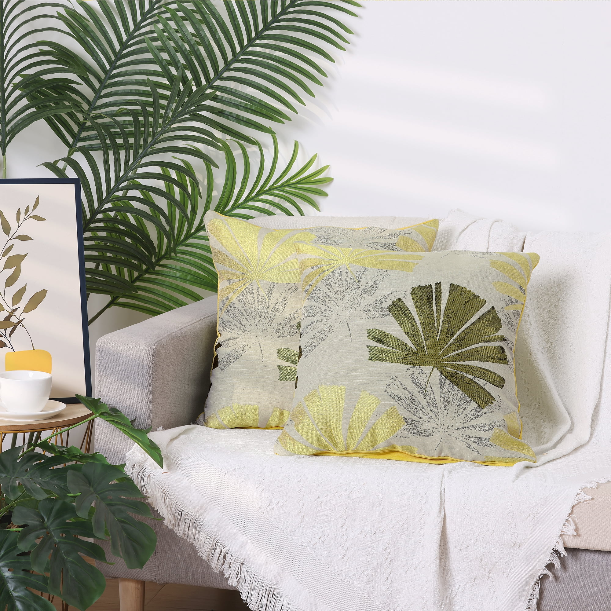 Unique Bargains 4 Pcs Leaf Pattern Cushion Cases Decorative Throw Pillow Covers Yellow 18" x 18"
