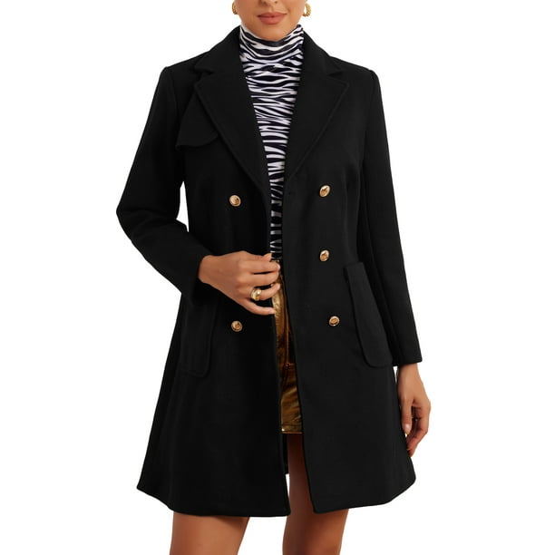 Abrigo largo INSPIRE CHIC para mujer, con solapa de muesca, de doble botonadura y mangas largas, color negro S