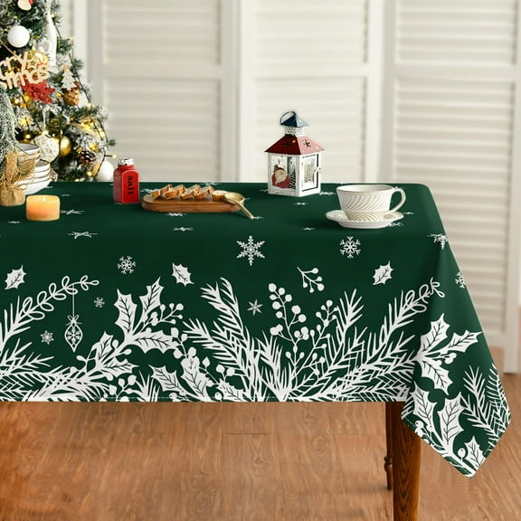 Christmas Tablecloth 60×84 Inch Rectangular, Floral Leaf Green Washable Table Cover for Party Picnic Dinner Decor