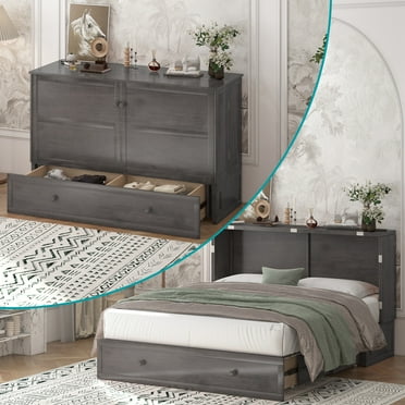 MUZZ Queen Size Murphy Cabinet Bed with USB Charging Station&Folding Foam Mattress for Bedroom/Apartment/Living Room(Style 1,Grey)