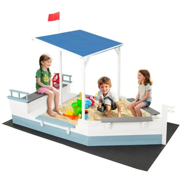 Costway Fir Wood Sandbox with Sloping Canopy Liner Multiple Seats Large Storage Space