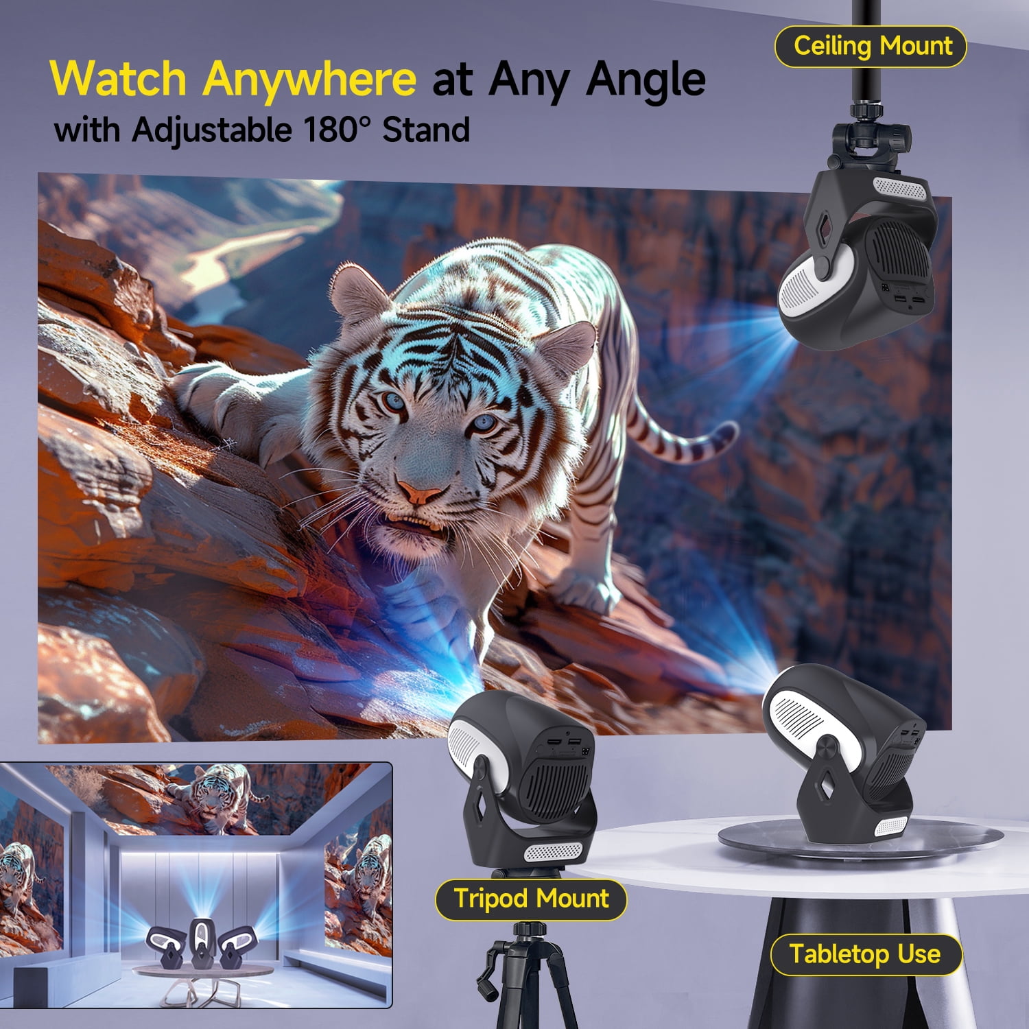 Magcubic HY300X Projector, Mini Projector Support 4K with Electronic Focus, 5W Soundbase Speaker, with WiFi 6 and Bluetooth 5.0, 180° Rotation Portable for Home&Outdoor Theater