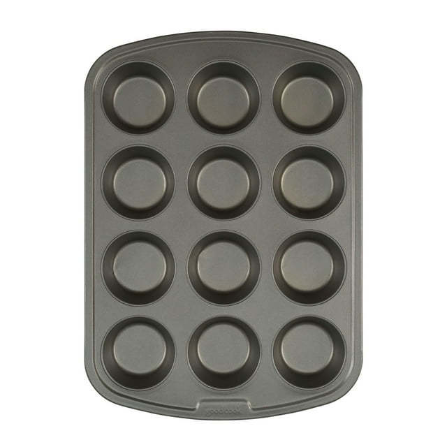 Gray GoodCook Everyday nonstick steel muffin pan with 12 cups for baking.