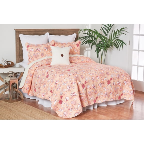 Lagoon Peach Pink Beach Coastal King 3 Piece Quilt Set