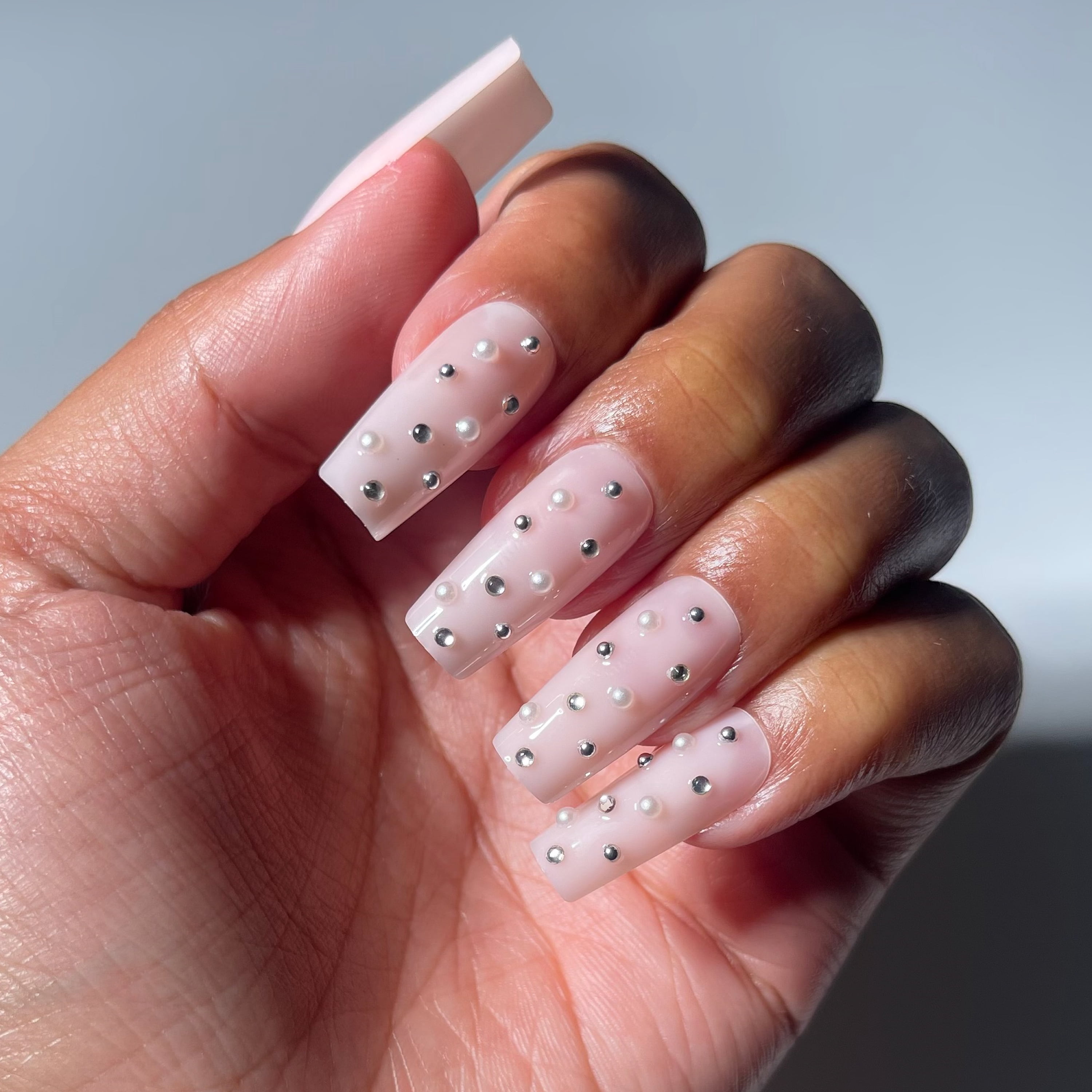 Salon Perfect Artificial Fake Press On Nails, 504 Charmed Nude, Long Square, File, Glue and Prep Pad Included, 30 Nails