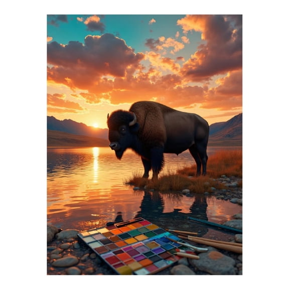 Diamond Art Kits for Adults, Bison Sunset Reflection Paint Palette 5D Diamond Painting Kits for Adults Beginners, DIY Full Drill Diamond Painting, Gem Art and Crafts 12x16