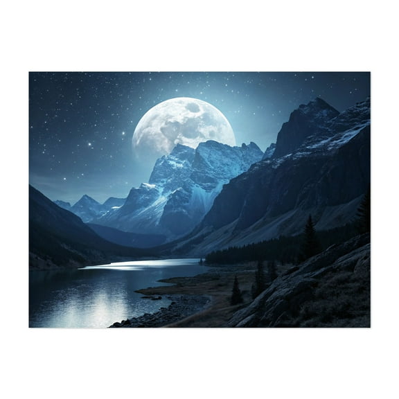 Moonlit Mountain Lake - Painting Moon Night Sky Mountain Scenic Landscape Stars Nature Unframed Wall Art Print 5 x 7 inches