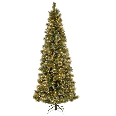 National Tree Company Pre-Lit Artificial Slim Christmas Tree, Green, Glittery Bristle Pine, Warm White Lights, LED, Includes Stand, 7.5 Feet