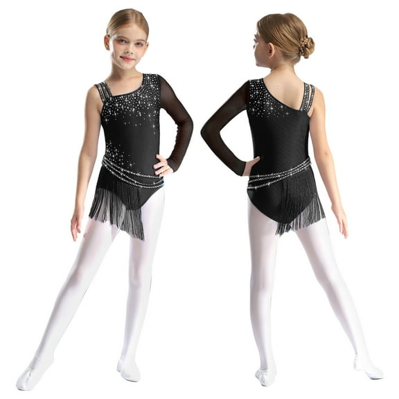 LiiYii Tassel Latin Dance Dress for Girls Modern Jazz Ballroom Costume Ballet Leotard Dress Ballerina Outfit Black 8