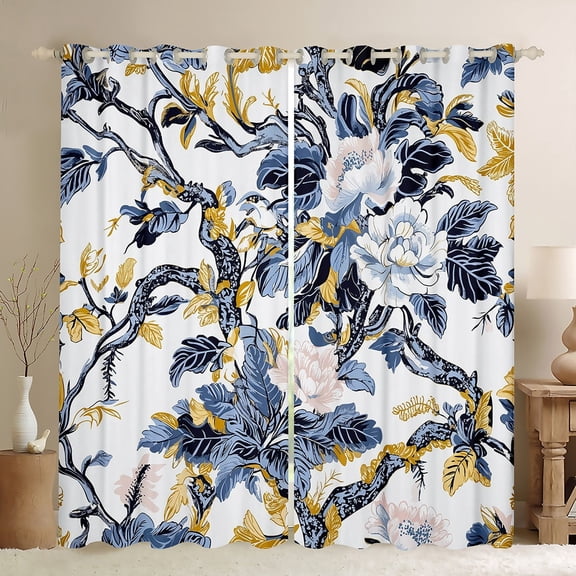 jejeloiu Vintage Flower Floral Curtains Pack of 2 (42x84 Each),Tropical Plant Leaves Curtains Blackout,Blue Gold White Bedroom Curtains,Ultra Soft Bedroom Decorative