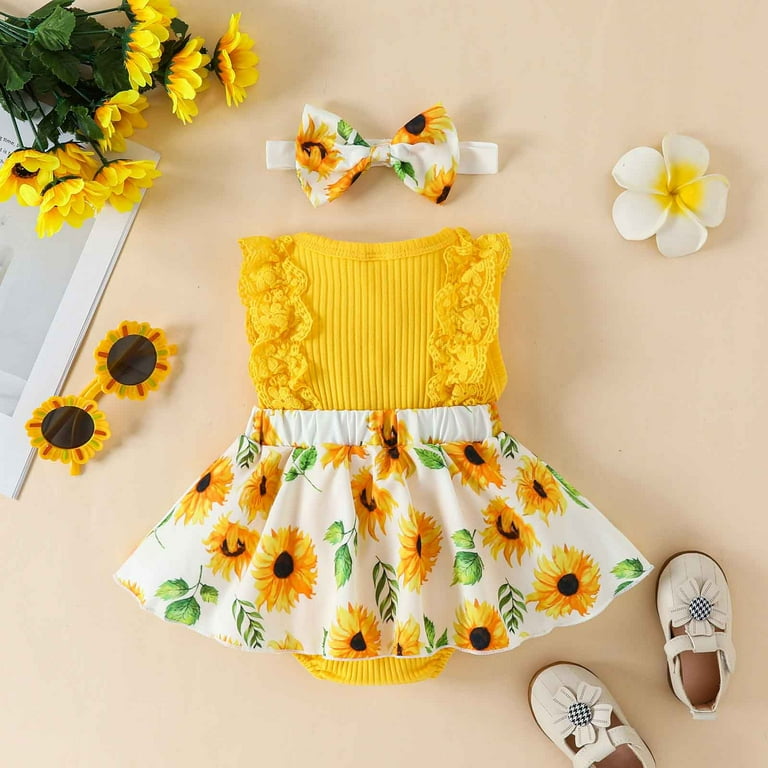 Lilgiuy Baby Girl Easter Outfit Cute Floral Print Round Neck Ruffles Sleeve  Stripe Lace Patchwork Romper Dress Summer Clothes Outwear (Yellow,9-12  months) - Walmart.com