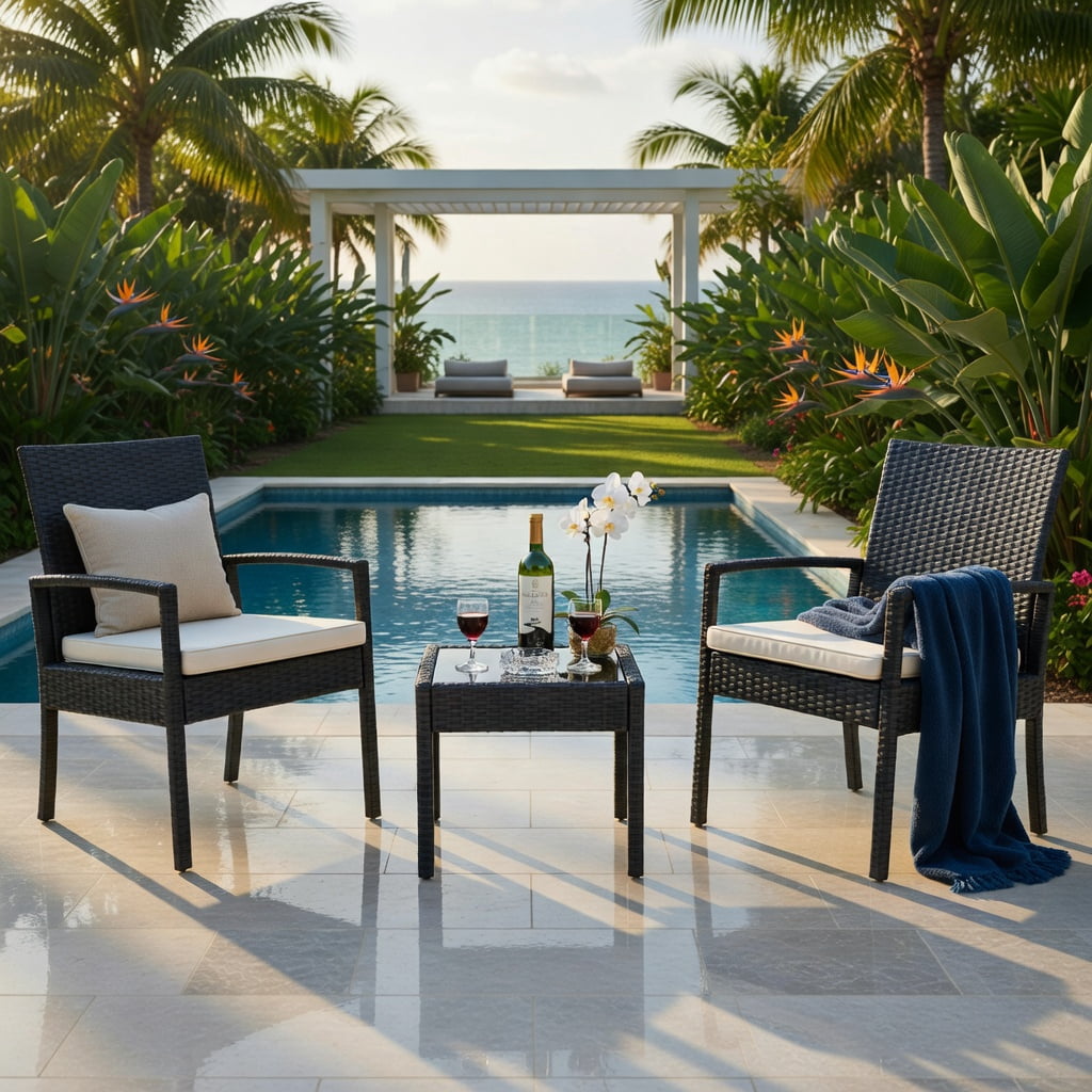 Hommoo 3-Piece Outdoor Rattan Patio Furniture Set, 2 Armchairs + Coffee Table with Cushions, Steel Frame, Weather-Resistant Wicker for Small Backyard, Garden & Balcony, Black
