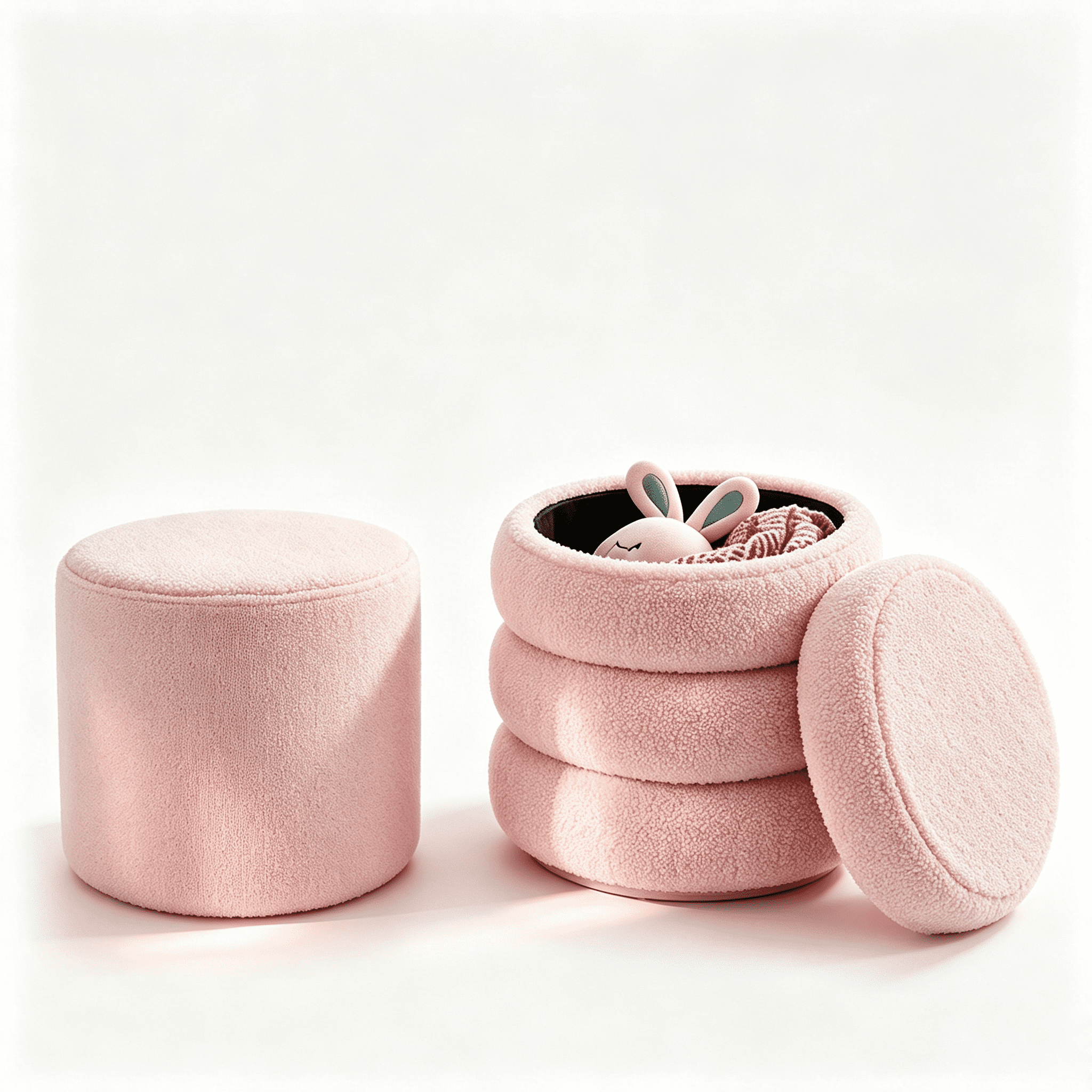 Round Ottoman 16.5 Inch, Storage Stool with Removable Lid for Living Room and Bedroom, Set of 2 Vanity Stools and Foot Rest, Pink