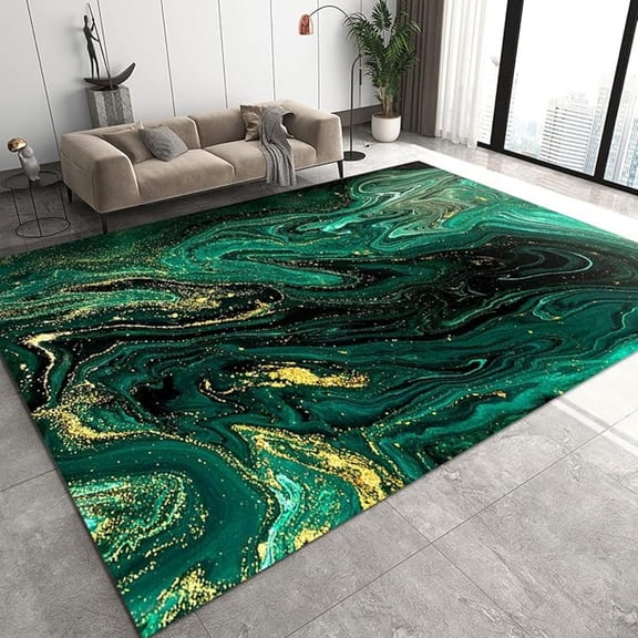 Dark Green Gold Fragment Marble Area Rug, Vintage Gold Lines Decorative Rug, Easy Clean Carpet With Anti-Slip Backing For Bedroom Living Room Dining Room Office 5x7ft