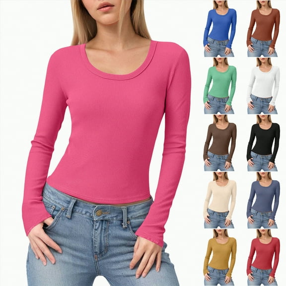 Towmus Womens Long Sleeve Scoop Neck Ribbed Knit Fitted Casual Tops Tee Slim Basic Shirts, Hot Pink, M