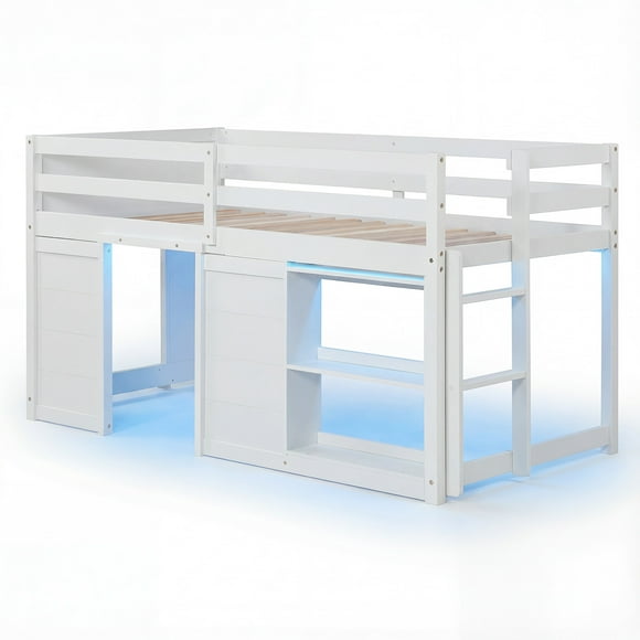 Gymax Twin Size Loft Bed w/ LED Lights 2 Doors Underbed Space & Shelves for Kids White