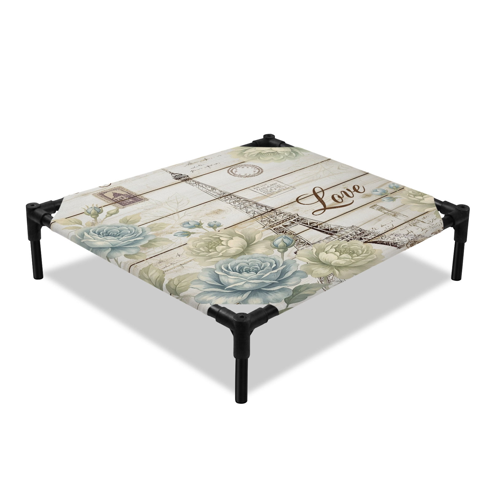 Eiffel Tower Elevated Dog Bed Vintage Love Blue Green Flower White Wood Planks Cooling Breathable Outdoor Raised Dog Cot Bed with Metal Frame Non-Slip Feet for Small Dog 20x20in