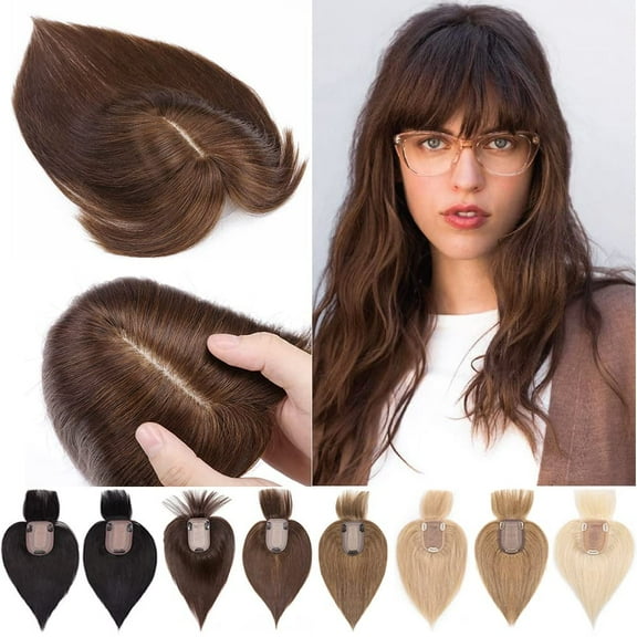 Loveternal Hairpiece 100% Real Human Hair Toppers with Bangs for Woman 10 inch（ Medium Brown）
