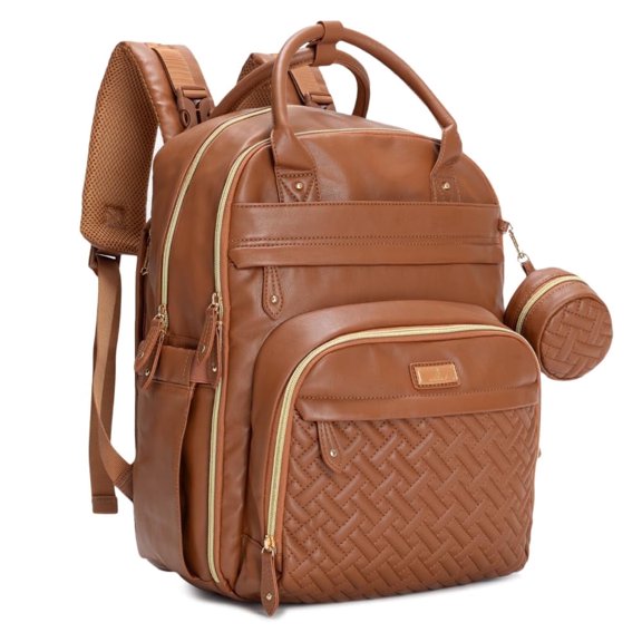 BabbleRoo Diaper Bag Backpack, Multifunction Original Baby Diaper Bag with Insulated Pockets, Vegan leather, Brown