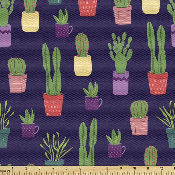 Dark Purple Upholstery Fabric by the Yard, Colorful Pots Green Succulents in Pots with Dark Background Various Shapes, Decorative Fabric for DIY and Home Accents, 5 Yards, Multicolor by Ambesonne