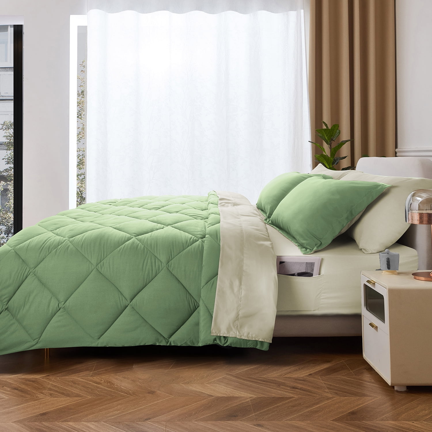 HIG 7 Piece Reversible Full Comforter Set - Sage Quilted Down Alternative Bedding All Season Super Soft Microfiber Bed in a Bag Includes Sheets Pillowcases Shams