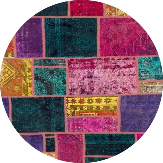 Ahgly Company Indoor Round Abstract Mauve Taupe Purple Patchwork Area Rugs, 6' Round