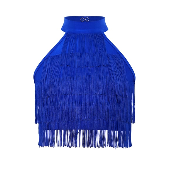 vastwit Kids Girls Latin Dance Tassel Shirt Sleeveless Layered Fringe Crop Top Samba Tango Ballroom Dancewear Royal Blue 12