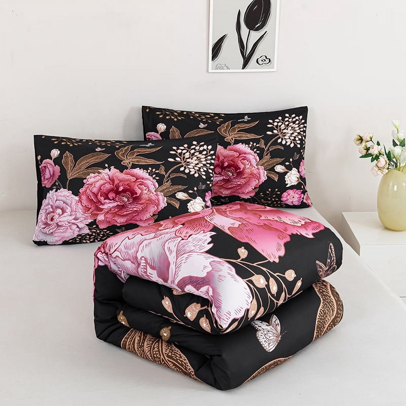 URBONUR 3 Pieces Black Pink King Size Bedding Set Floral Comforter Set Pink Flowers and Gold Butterfly Bed Set for Women Soft Botanical Bedding Comforter Set for All Season